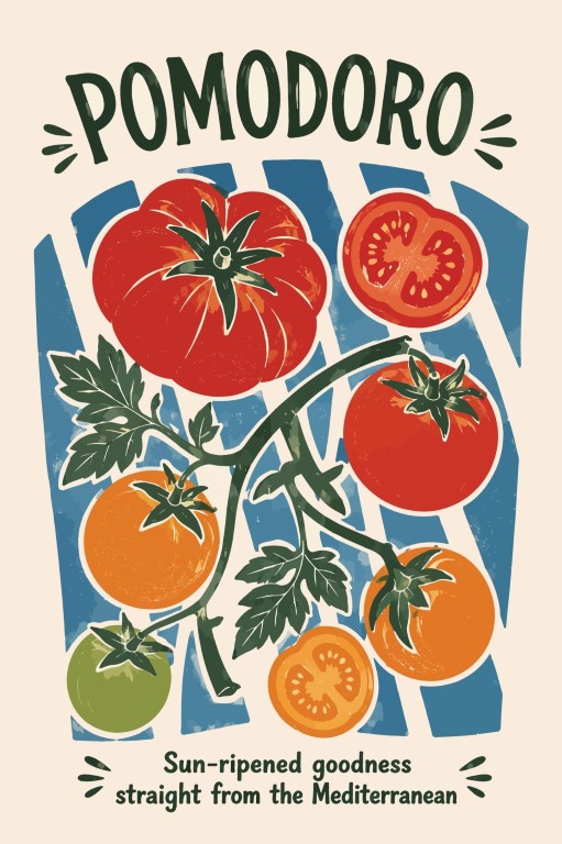 Sun Ripened Mediterranean Tomatoes Vintage Graphic Layout.