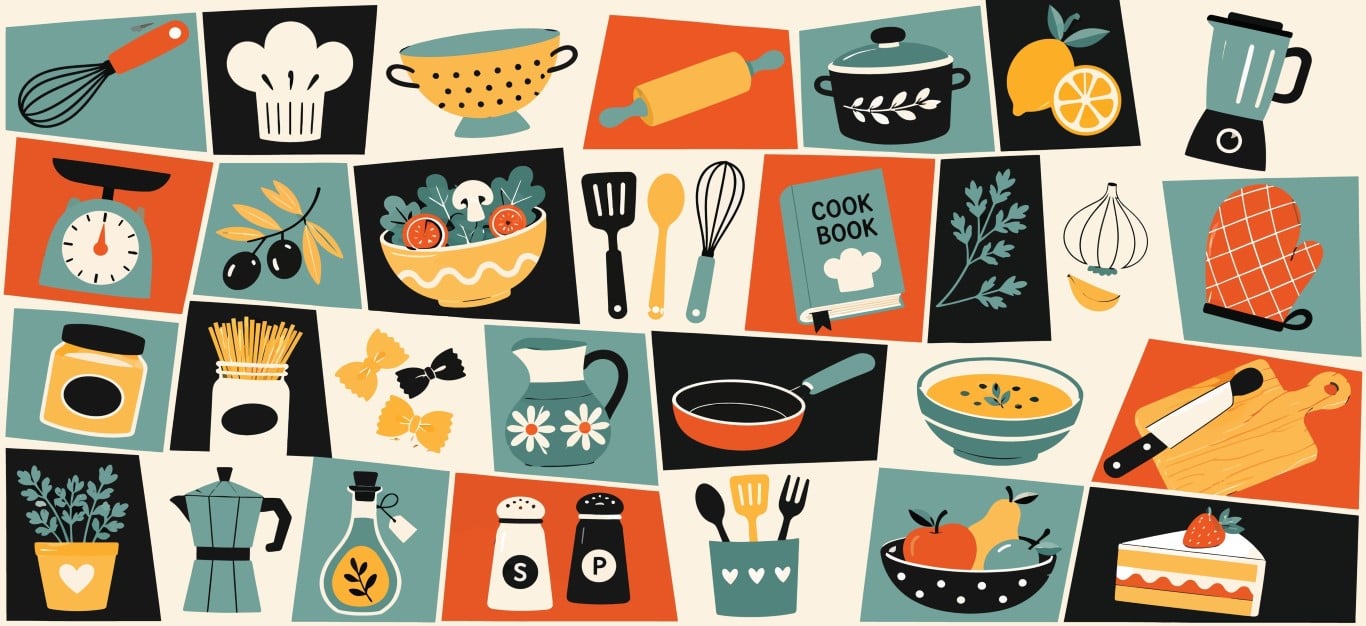 Retro Kitchen Utensils And Grocery Pattern Set.