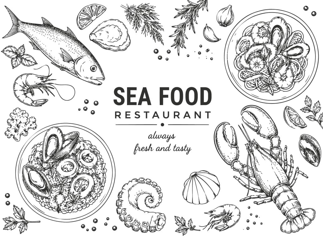 Sea Food Restaurant Hand Drawn Sketch Menu Background.