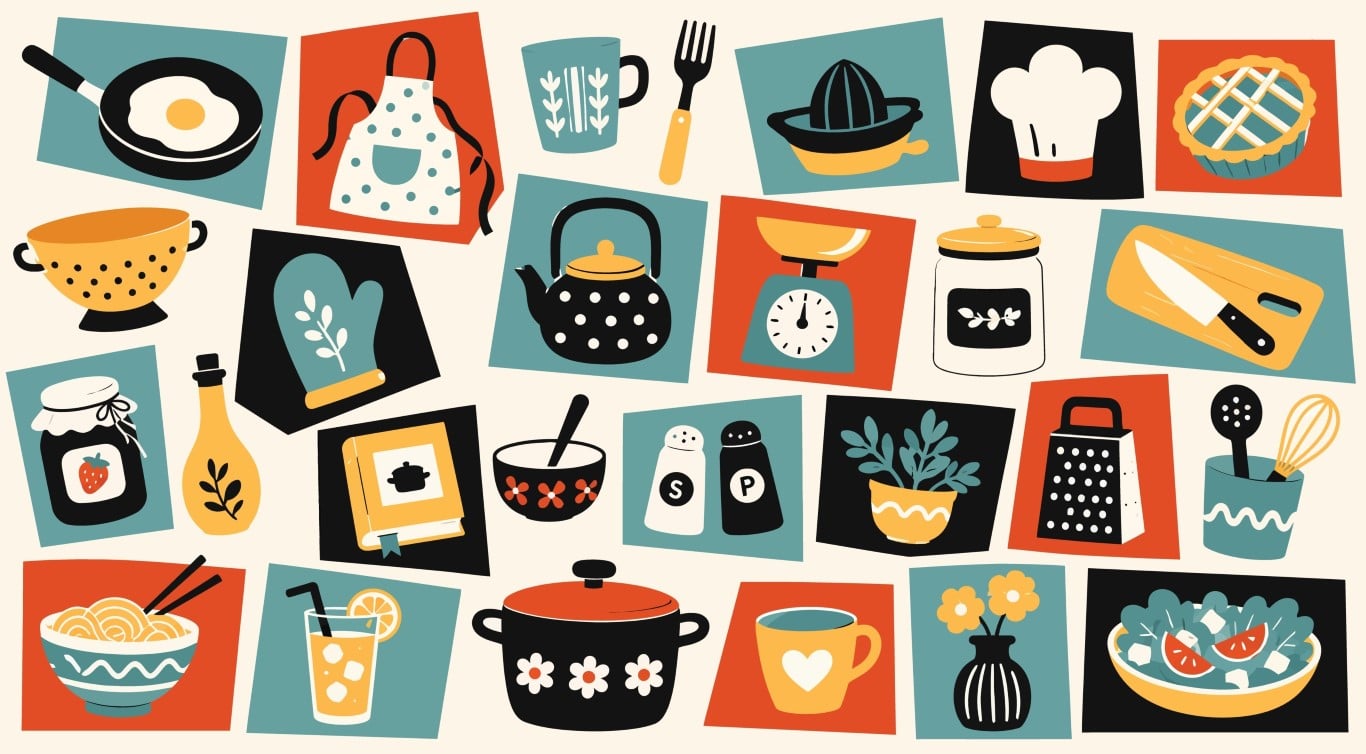 Abstract Colorful Grid Of Kitchen Utensils And Comfort Food Icons.
