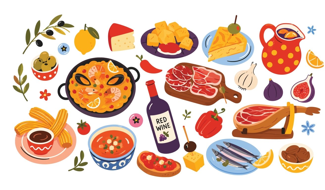 Traditional Spanish Cuisine And Tapas Table Elements Pack.