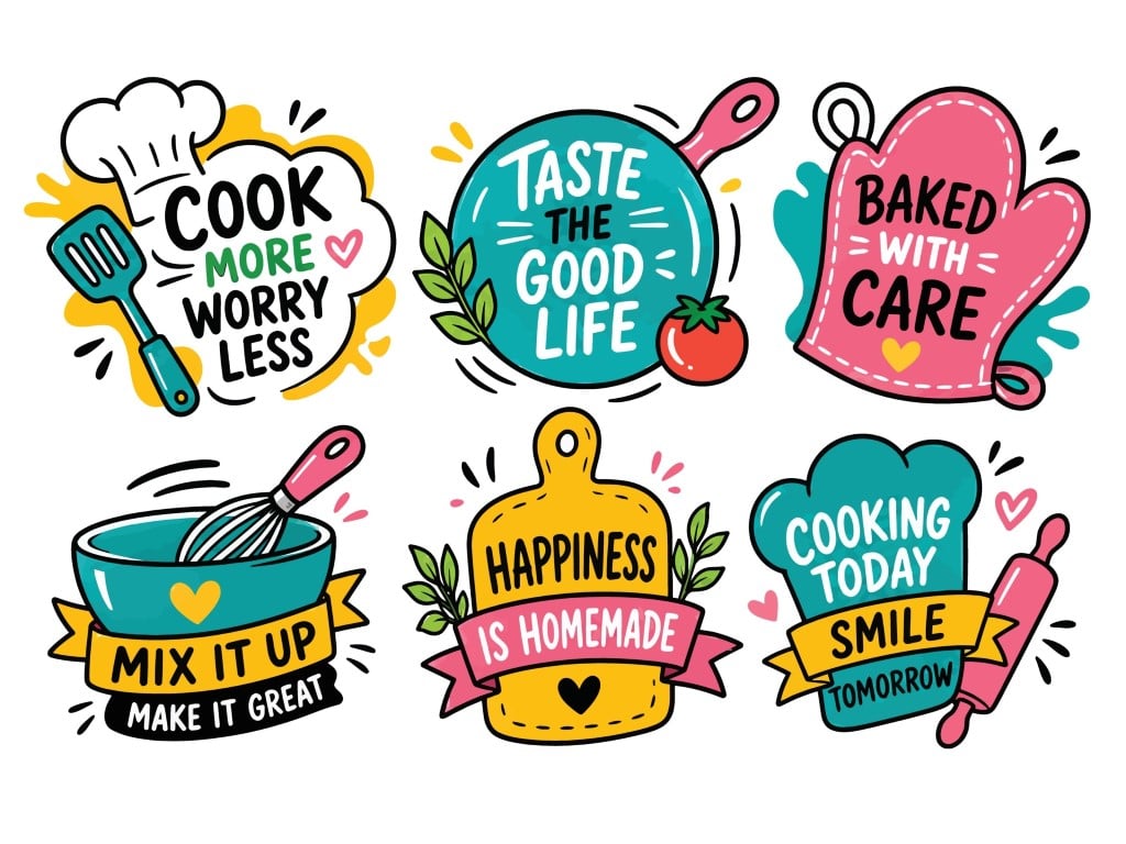 Set of colorful hand drawn kitchen stickers and inspiring cooking quotes.