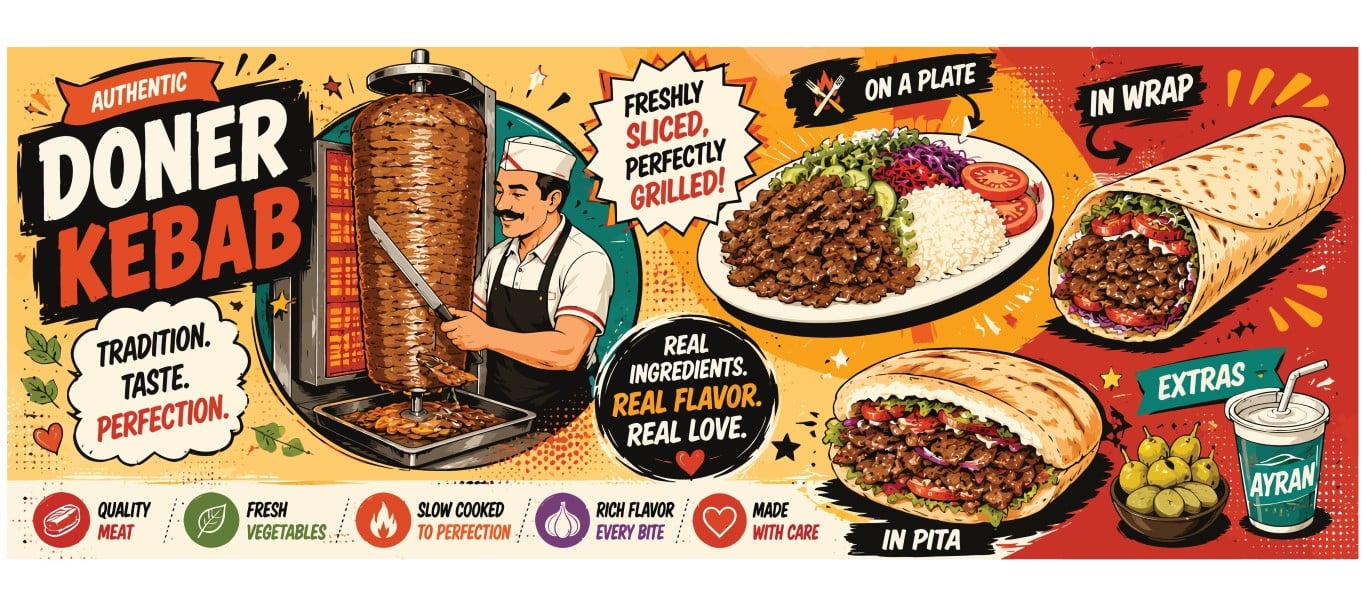 Authentic traditional doner kebab poster banner with freshly sliced meat options.