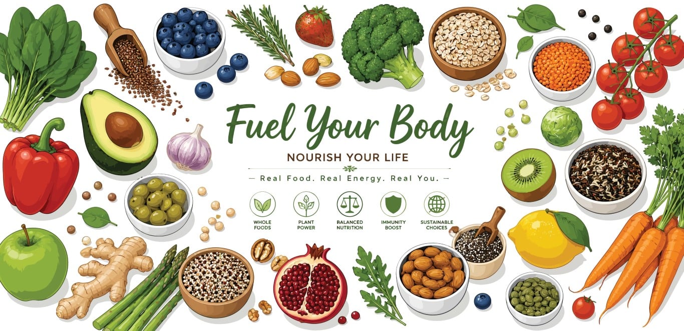 Healthy organic food background with fresh vegetables fruits grains and nuts.