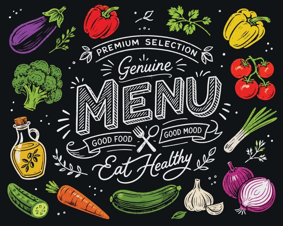 Chalkboard style genuine menu template with hand drawn fresh vegetables.