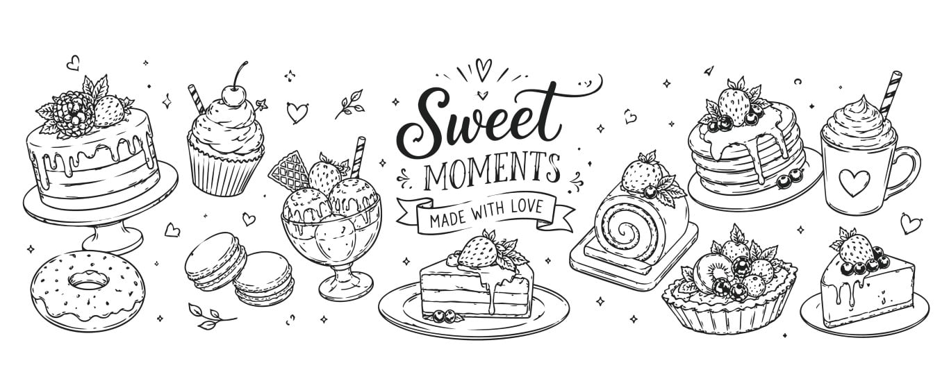 Sweet moments bakery banner template with hand drawn desserts line art.