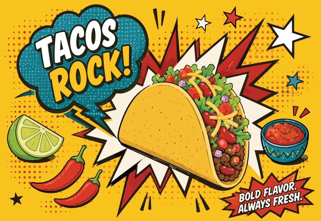 Tacos rock pop art style comic book explosion poster design.