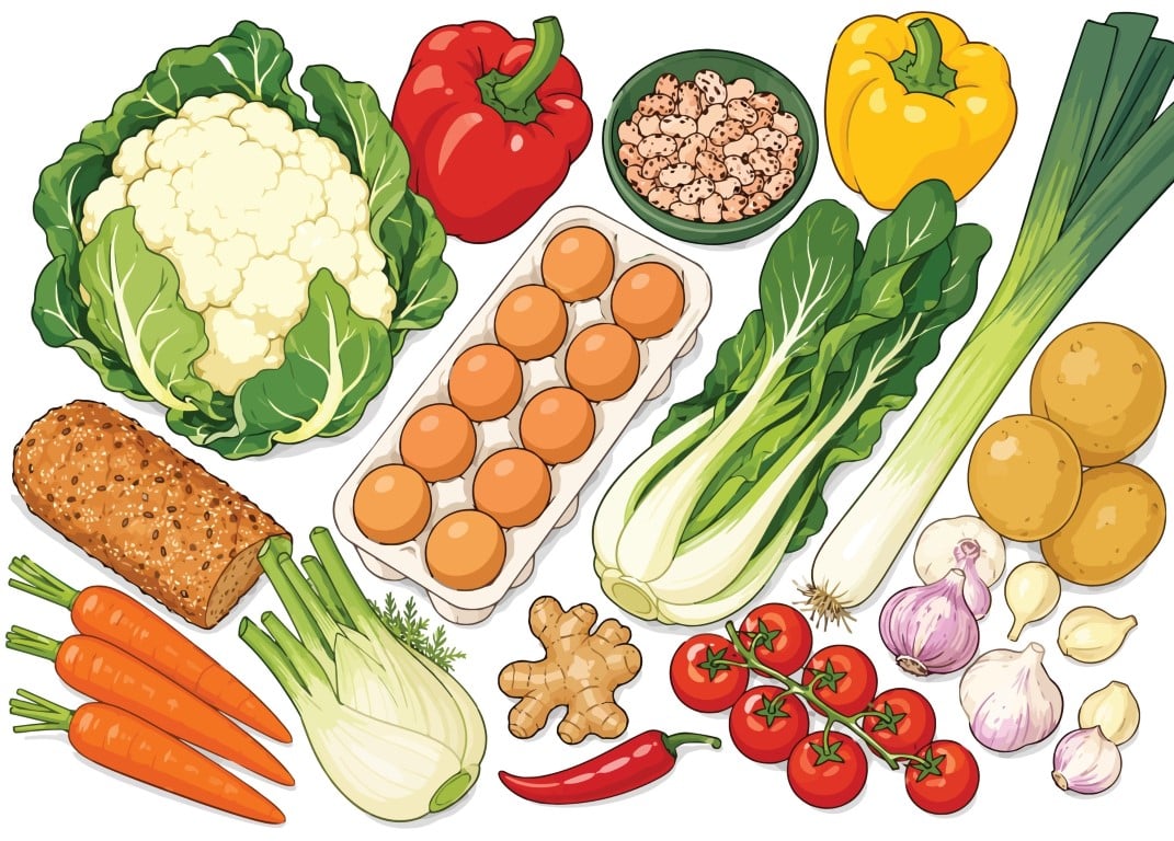 Fresh grocery shopping composition with organic vegetables bread and eggs.