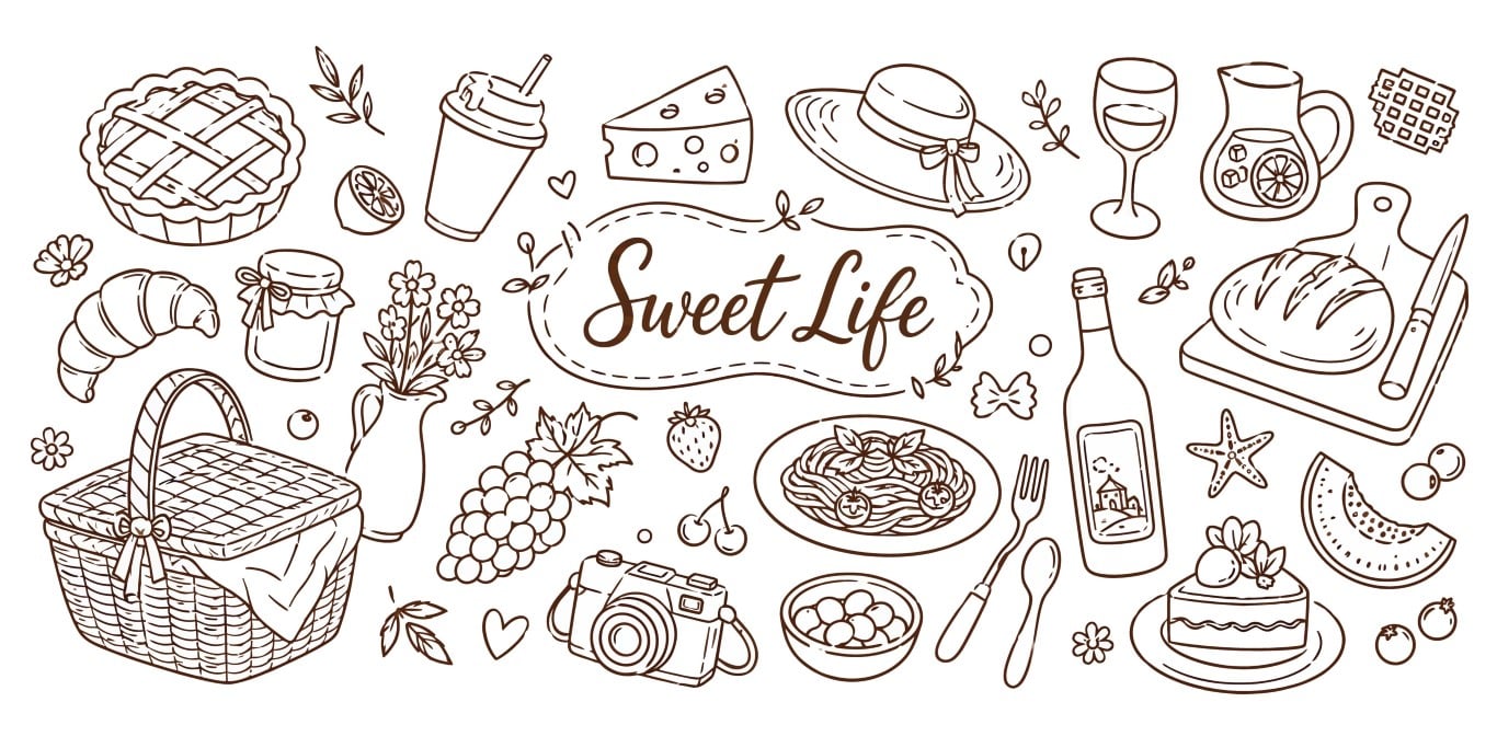 Hand Drawn Picnic and Sweet Life Elements Set.
