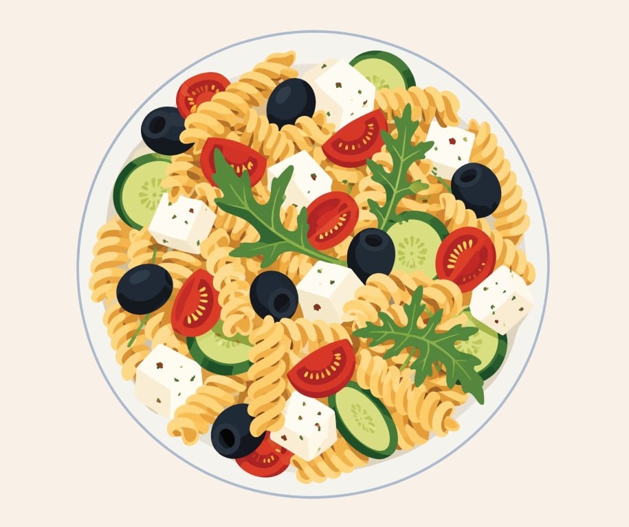Top View of Fresh Mediterranean Pasta Salad with Feta Cheese and Olives.