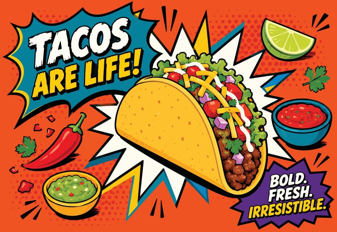 Pop Art Style Mexican Taco Fast Food Banner Design.