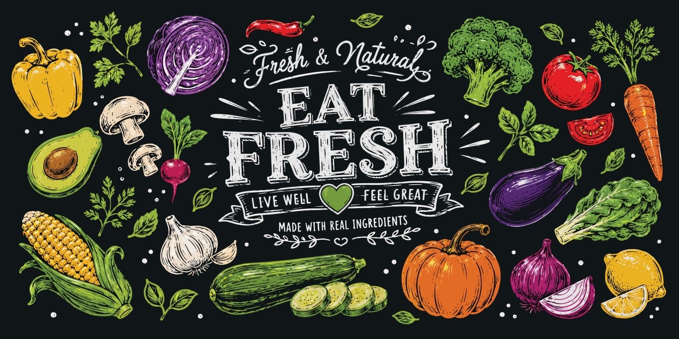Chalkboard Style Hand Drawn Organic Fresh Vegetables Elements Set.