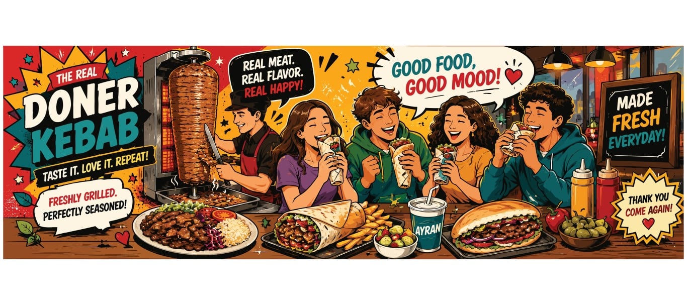 Happy Friends Group Eating Traditional Doner Kebab in Fast Food Restaurant.