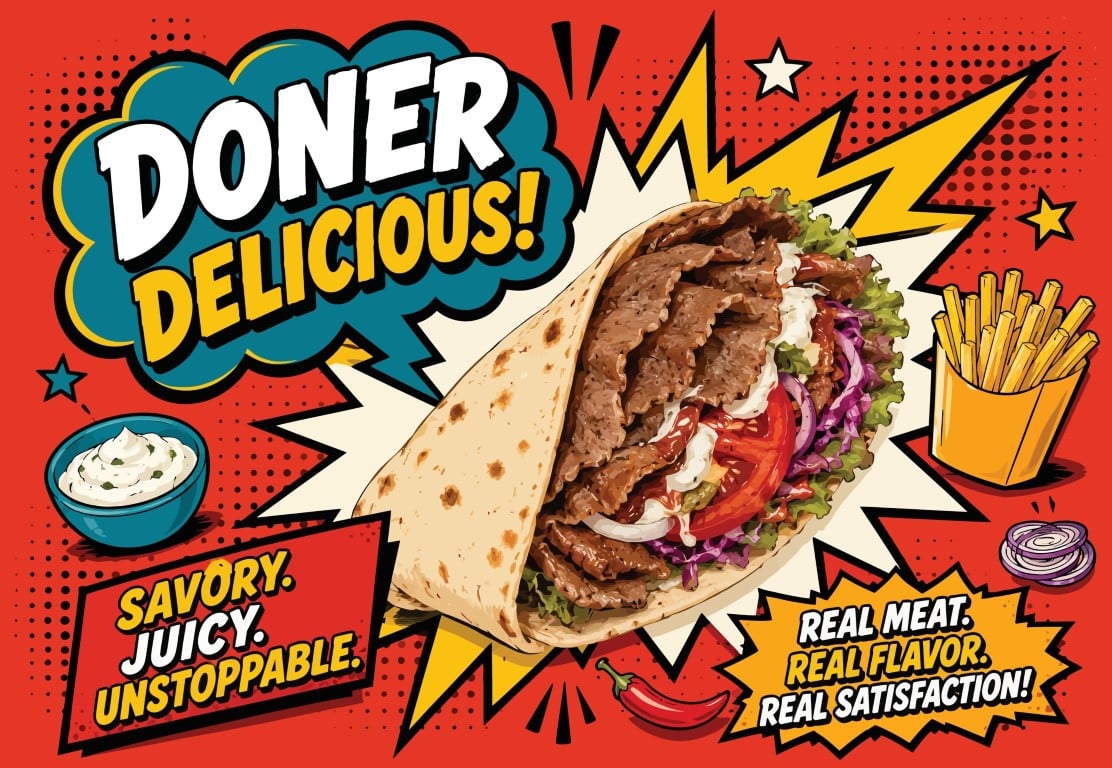 Pop Art Retro Comic Meat Doner Kebab Wrap Advertisement.
