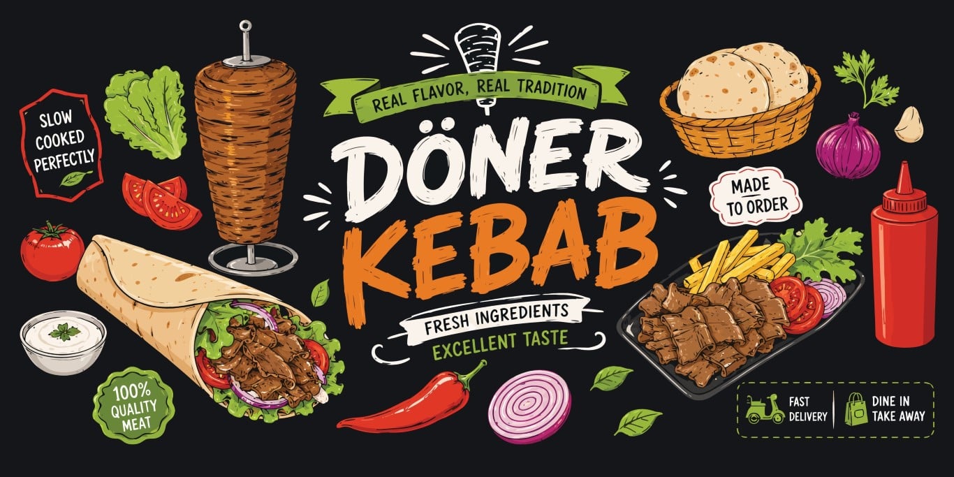 Chalk Style Traditional Doner Kebab and Wrap Ingredients Set.