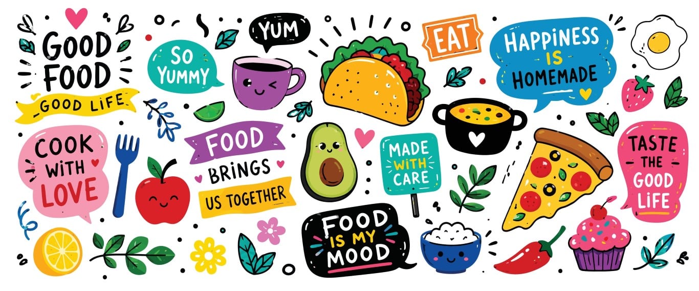 Cute Hand Drawn Food Doodles with Inspirational Phrases Set.