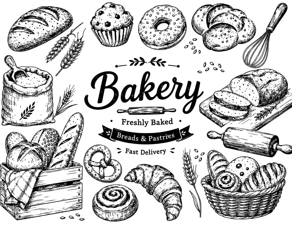 Vintage Monochrome Hand Drawn Bakery and Bread Elements Set.