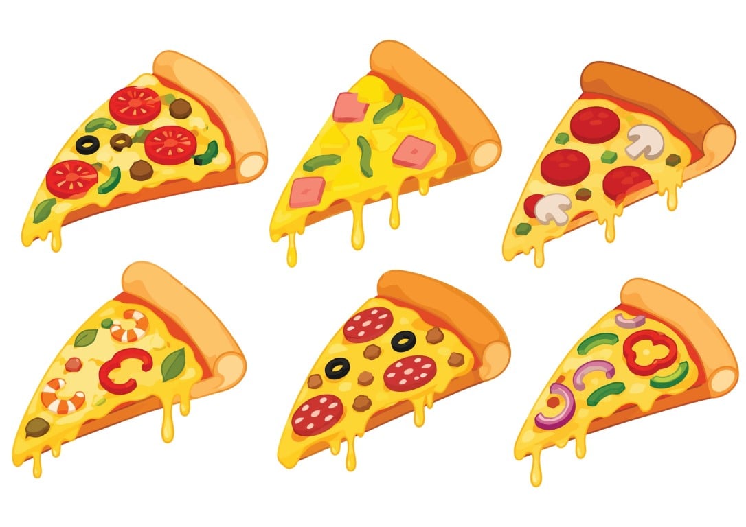 Various Types of Delicious Melted Cheese Pizza Slices Set.