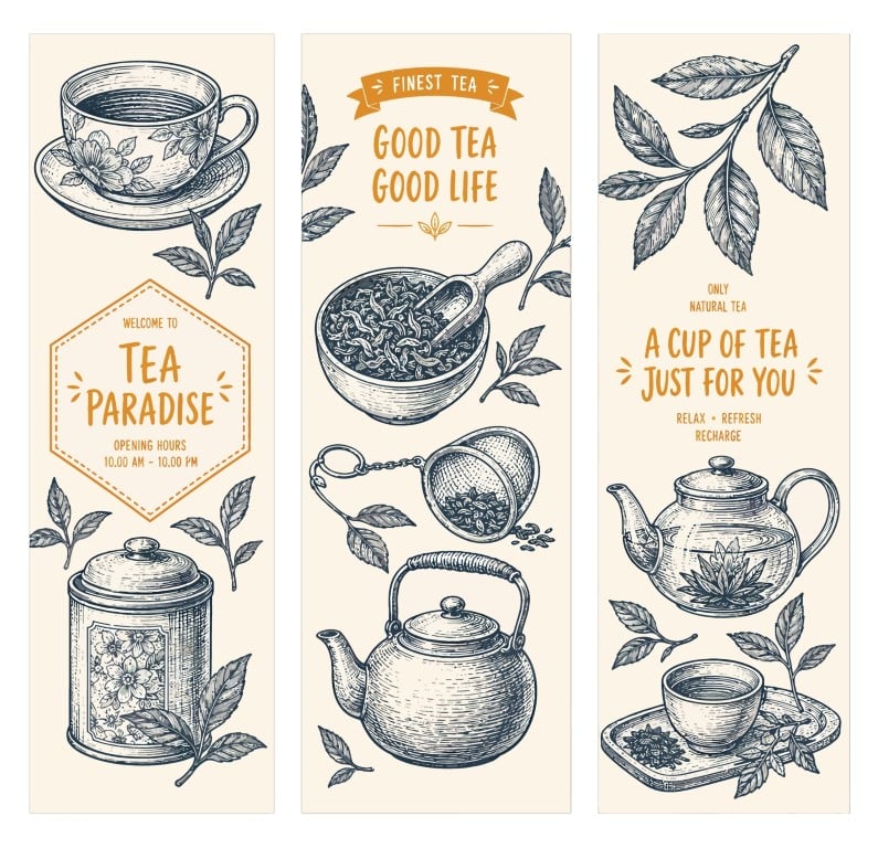 Premium quality coffee house vintage menu horizontal border banner with diverse beverage options.