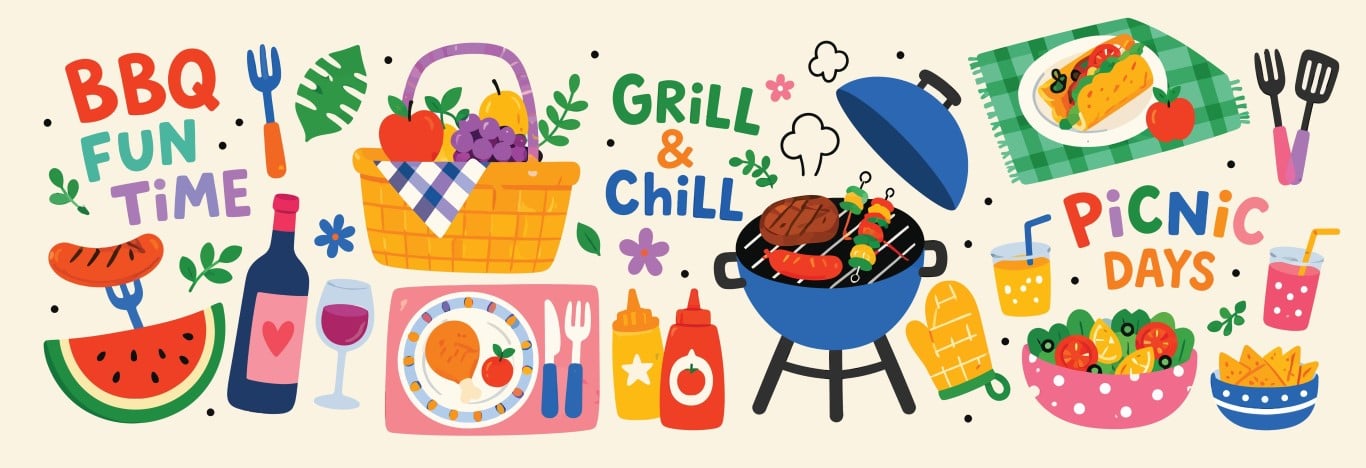 Summer barbecue picnic element collection with grill basket and fresh food.