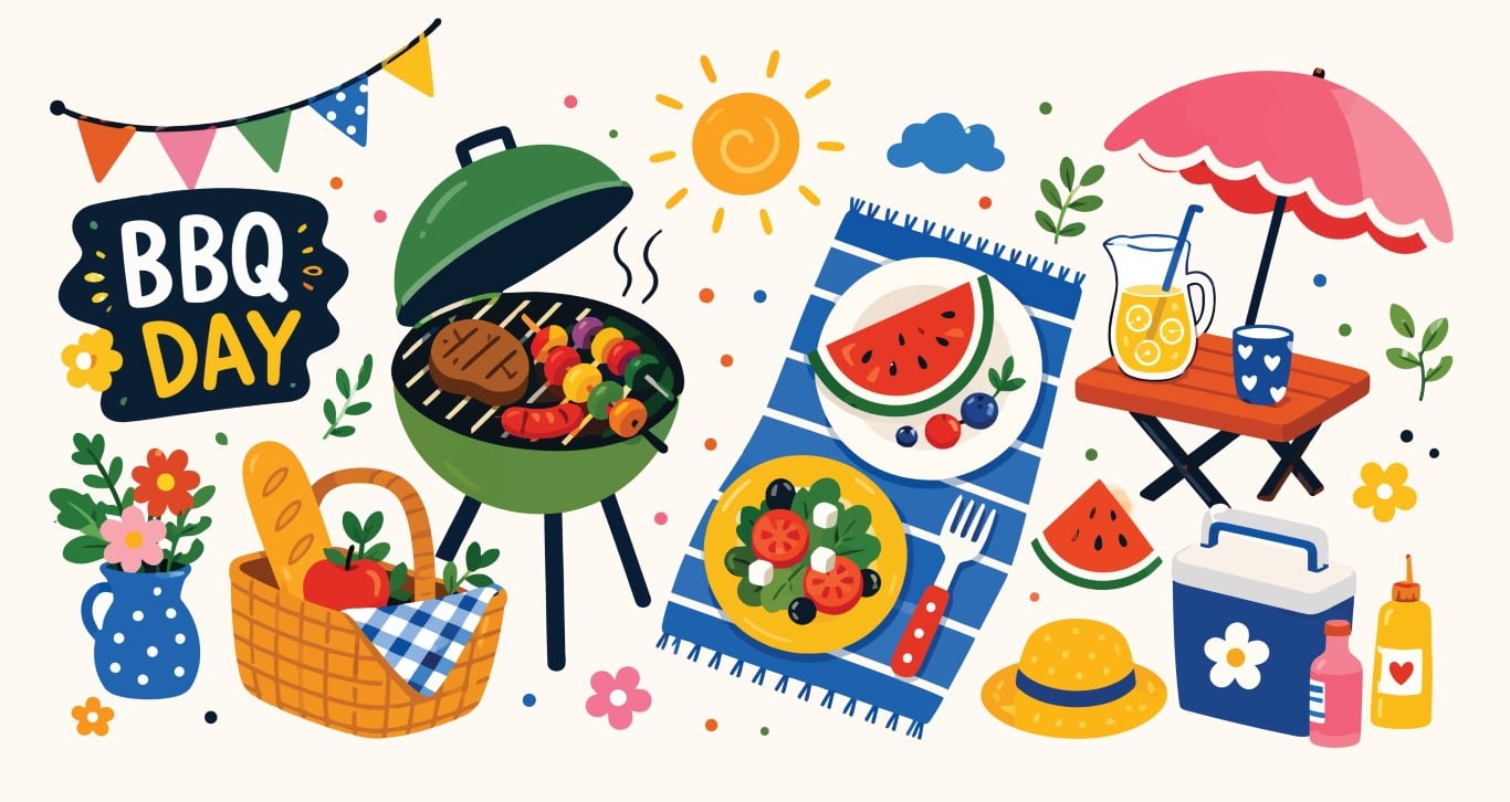 Outdoor backyard barbecue day setup with green grill and picnic blanket.