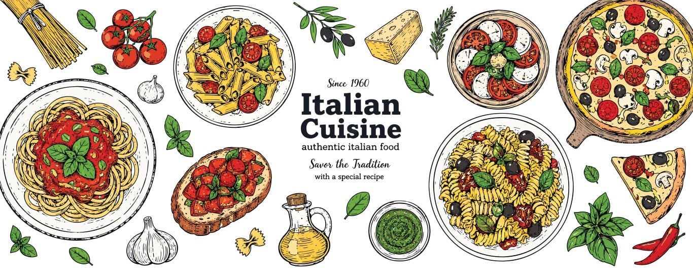 Traditional Italian cuisine dish assortment hand drawn top view background.