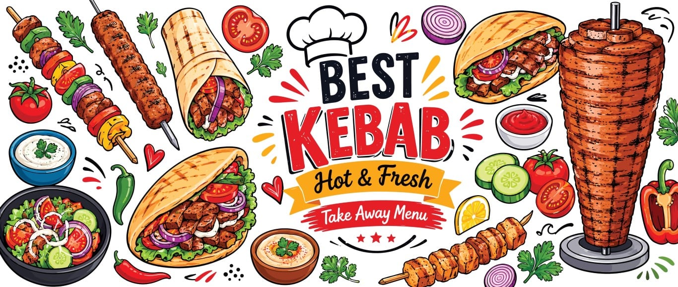 Best kebab take away menu display with various traditional wraps and skewers.