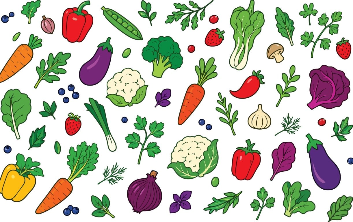 Healthy fresh raw vegetable and berry seamless pattern background.
