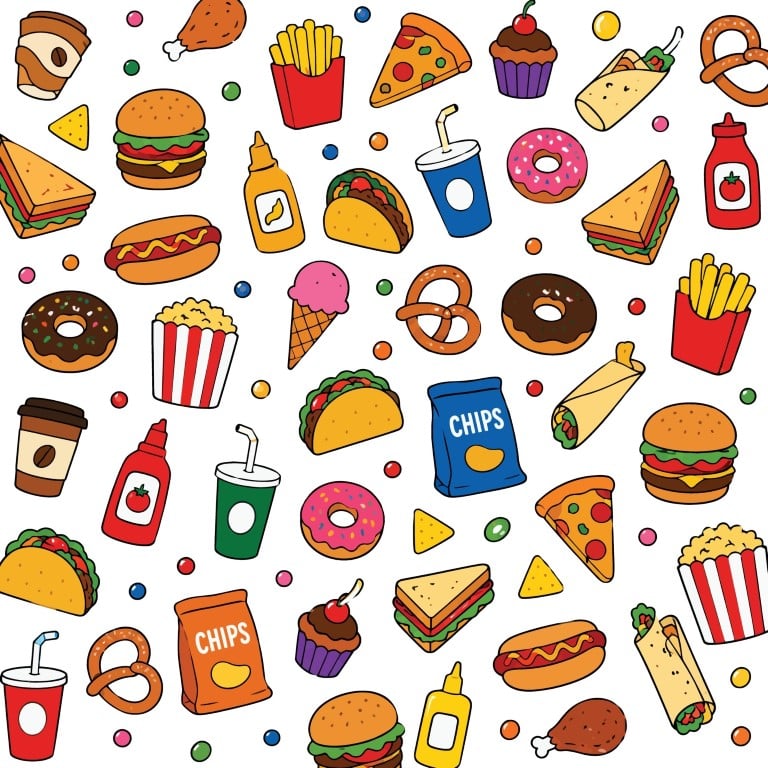 Fast food and junk food colorful seamless doodle pattern.