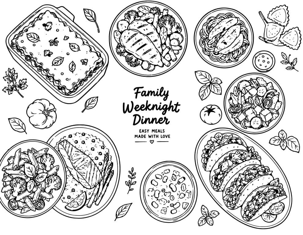 Assorted healthy family weeknight dinner meals overhead background view.