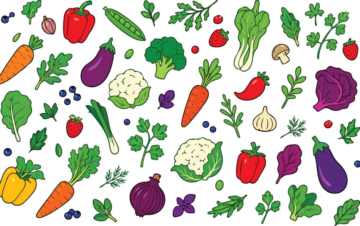 Healthy seamless pattern background featuring a variety of fresh organic vegetables and sweet berries.