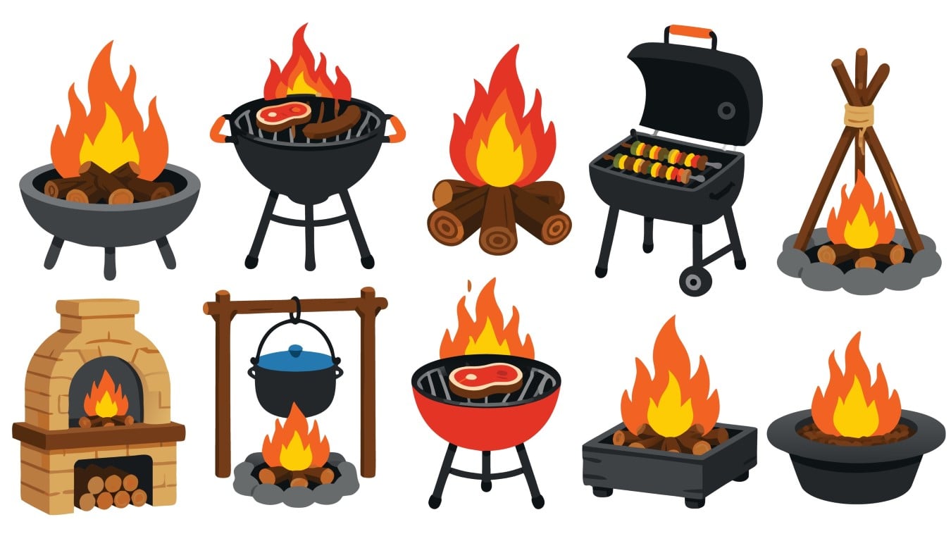 Outdoor cooking collection with various types of barbecue grills campfires and rustic brick ovens.
