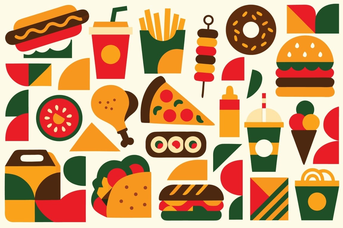 Abstract geometric fast food background with colorful graphic representations of delicious meals.