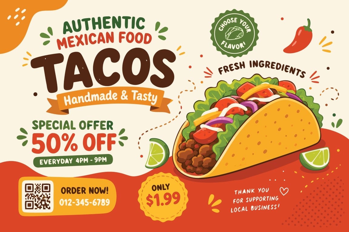 Authentic Mexican food special offer promotional banner for delicious handmade tacos.