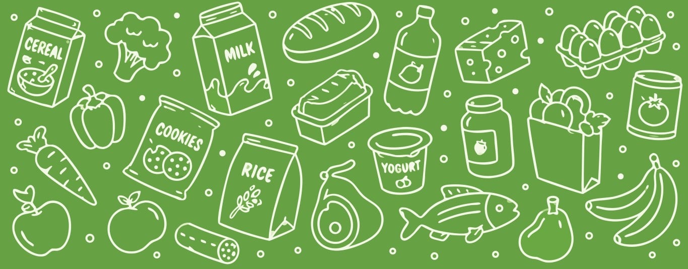 Healthy organic grocery items continuous pattern background with white outlines on green.