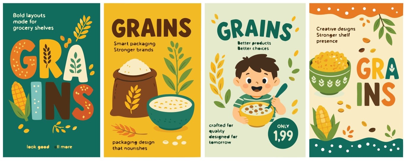Creative organic grains packaging design templates set for retail food grocery store shelves.