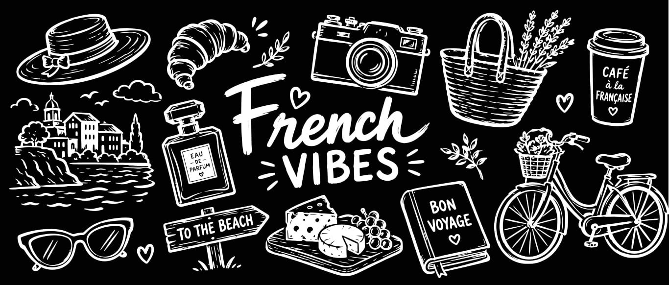 Chalkboard collection of elements representing traditional french culture and lifestyle.