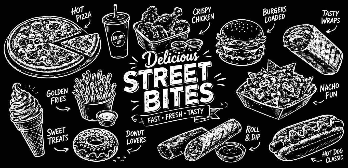 Chalkboard street food menu elements featuring crispy chicken pizza and burgers.