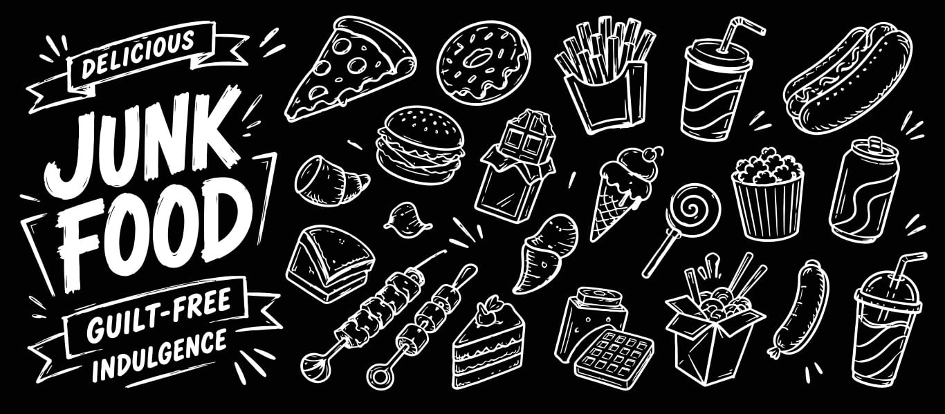 Chalkboard doodles of delicious junk food snacks and sweet treats.