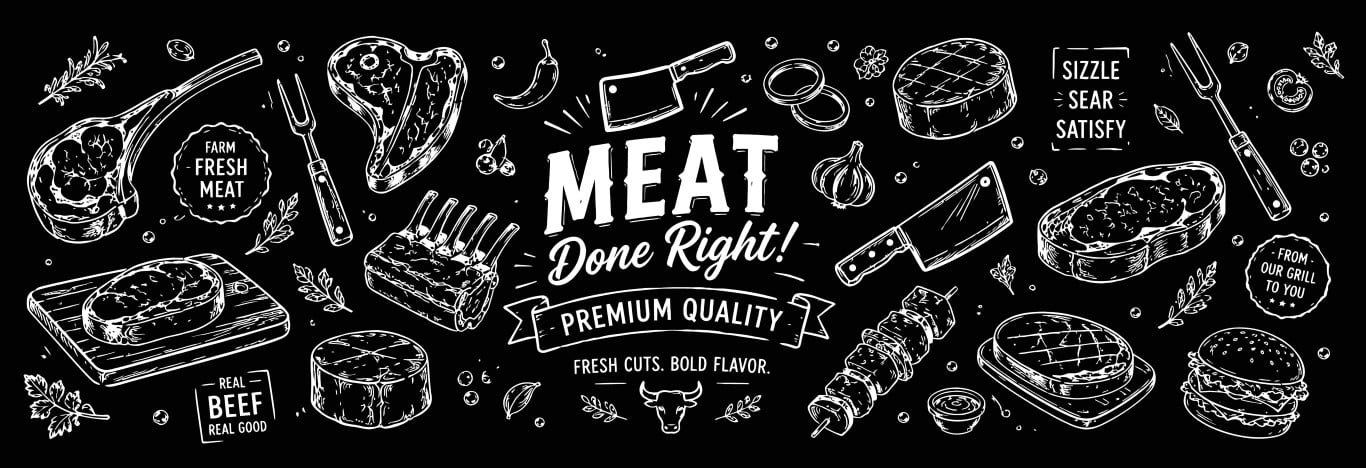 Chalkboard premium meat selection with steaks ribs and butcher tools.