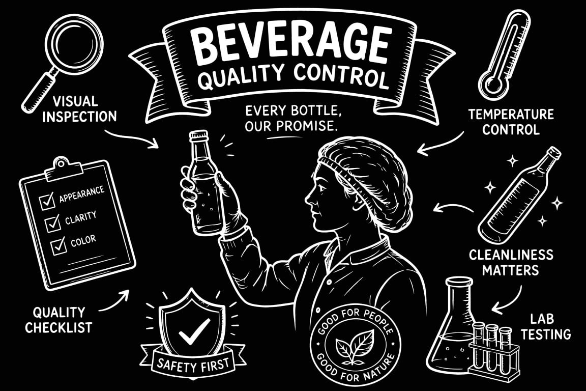 Beverage quality control inspection and laboratory testing process.