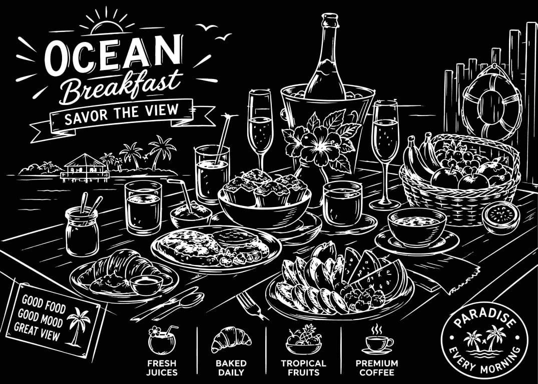 Ocean breakfast layout with a tropical seaside view graphic.