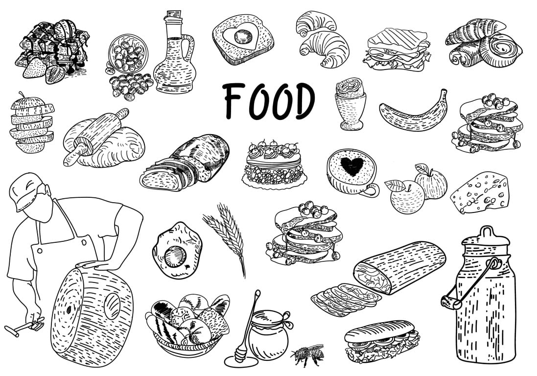 Eclectic hand-drawn food illustration set with bread, fruits, vegetables, dairy, and kitchen scenes.