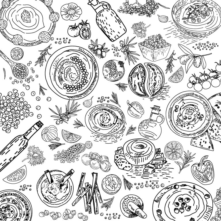 Top-down hand-drawn food and dish pattern with plates, bottles, and fresh ingredients.