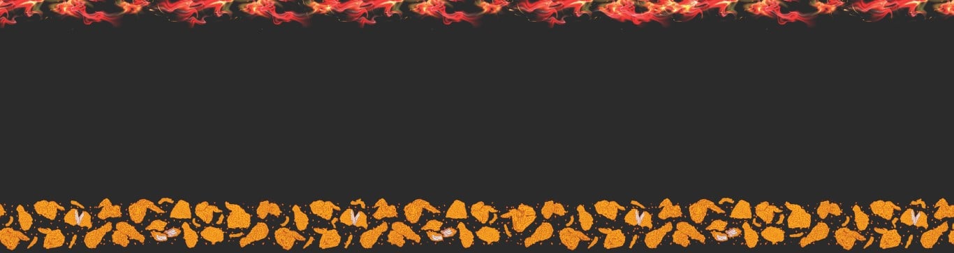 Wide dark banner with a bottom border of crispy fried chicken pieces and top flame strip.