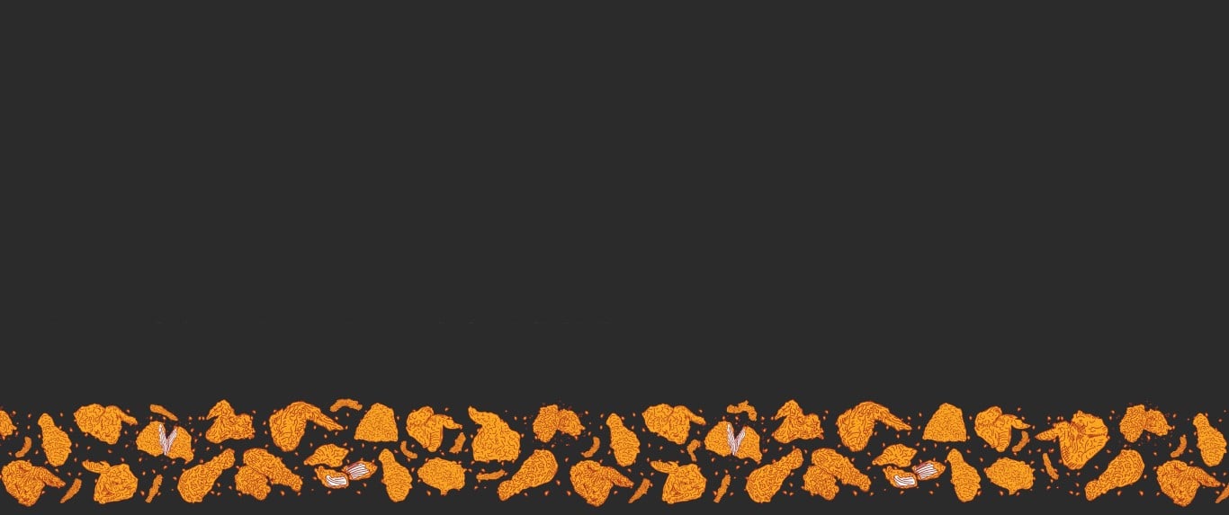 Horizontal dark background banner with a bottom edge row of scattered fried chicken pieces.