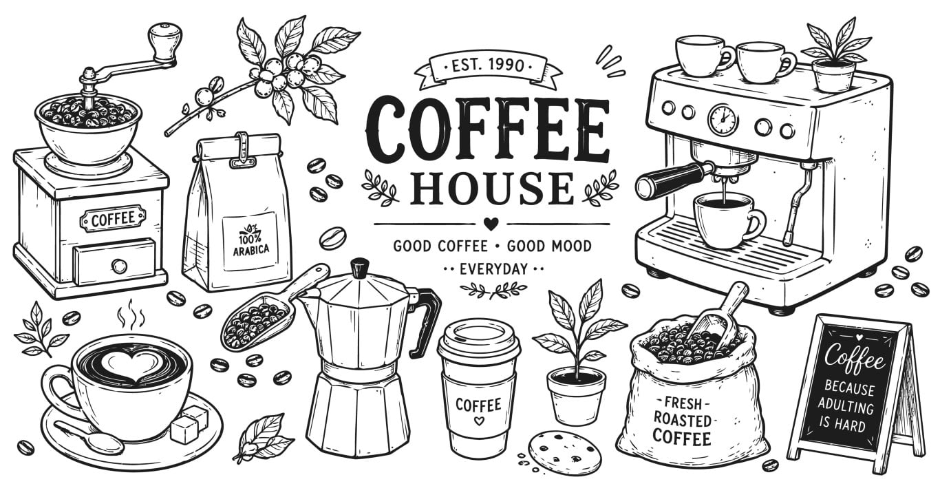 Vintage Coffee House Elements and Espresso Machine.