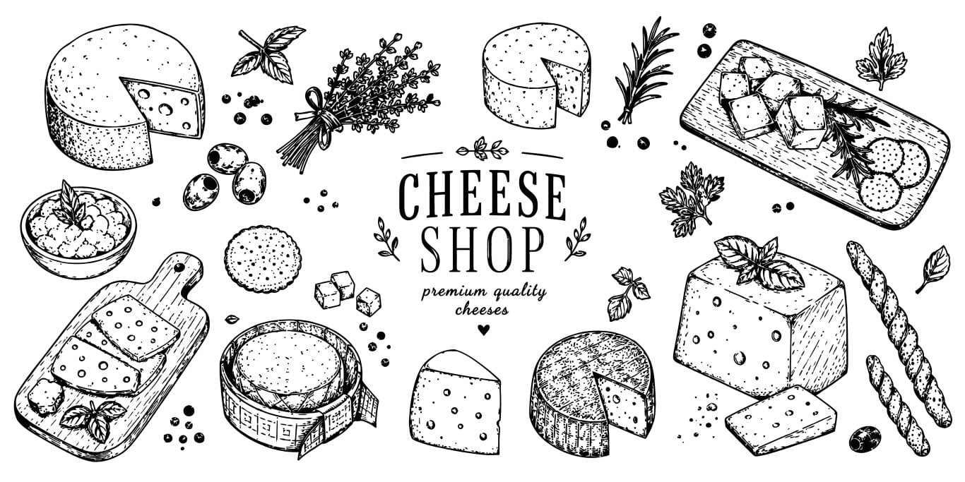Assorted Gourmet Cheese Collection and Dairy Shop Products.