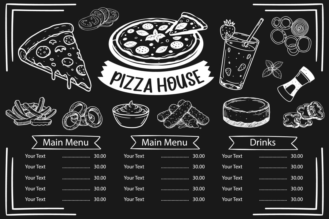 Pizza Menu Chalkboard Background. Vector.