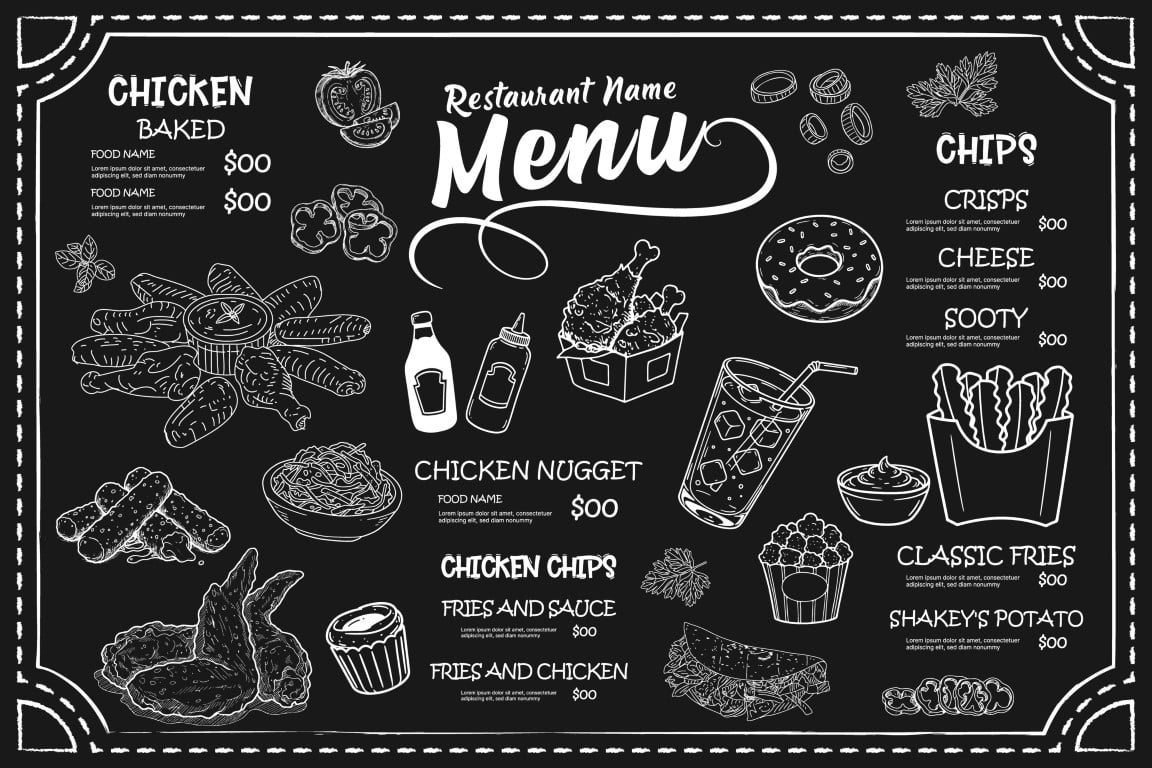 Fried chicken. Fast food menu design elements.